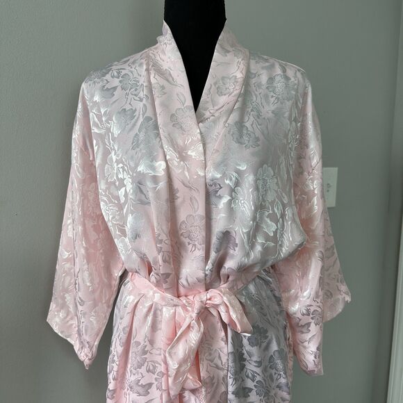 Vtg 90s Long Kimono Robe Small Powder Pink Floral Embossed Satin Belted Romantic - Picture 5 of 12
